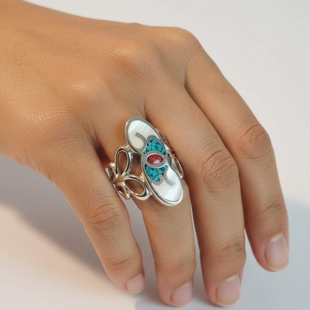 Sterling Silver Coral Turquoise Enamel Ring Size 4